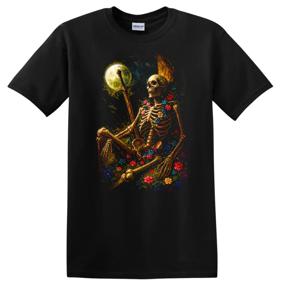 Moonlit floral skeleton holding a sword in a gothic flower-filled night scene on a Black T Shirt