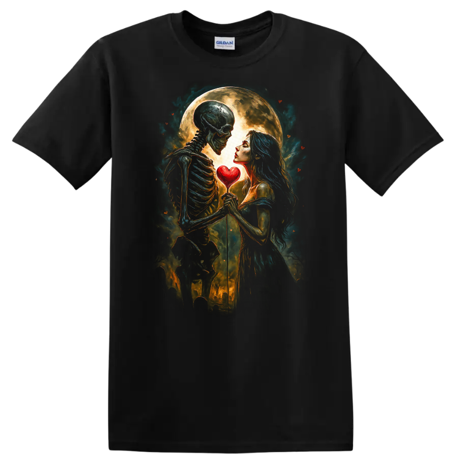 Romantic skeleton and woman holding a heart beneath a full moon in gothic art on a Black T Shirt