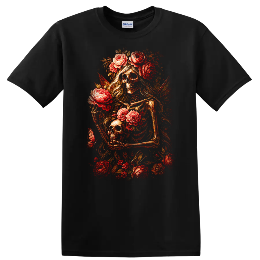 Vintage gothic skeletal figures and skulls surrounded by red roses and foliage on a Black T Shirt
