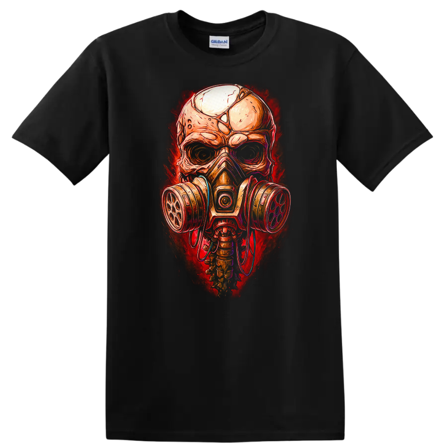 Gothic illustrated skull wearing a gas mask with distressed red horror-art backdrop on a Black T Shirt