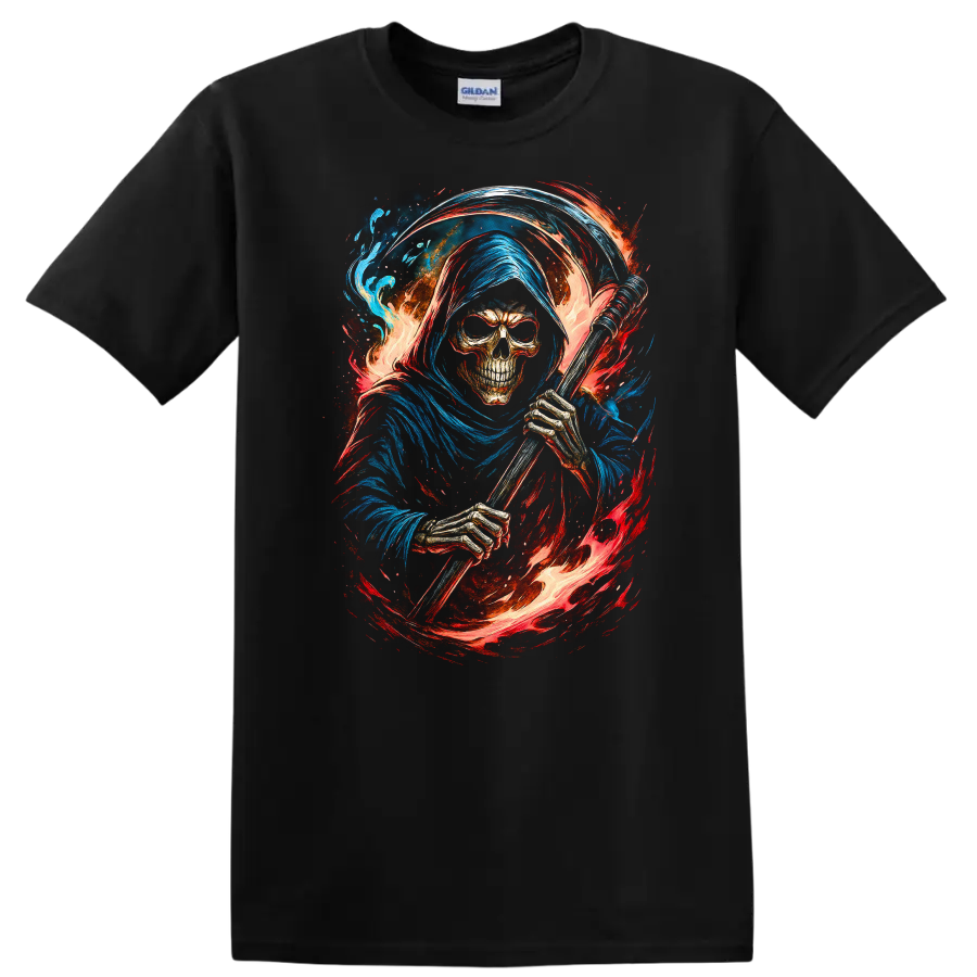 Hooded Grim Reaper skeleton with scythe, swirling flames, and blue gothic artwork on a Black T Shirt