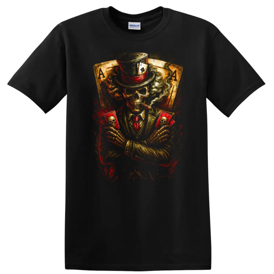 Vintage gothic skeleton poker player in top hat holding skull cards before ace cards on a Black T Shirt