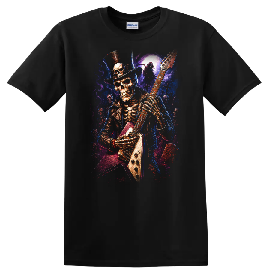 Top-hatted skeleton guitarist in vivid gothic moonlit graveyard art on a Black T Shirt
