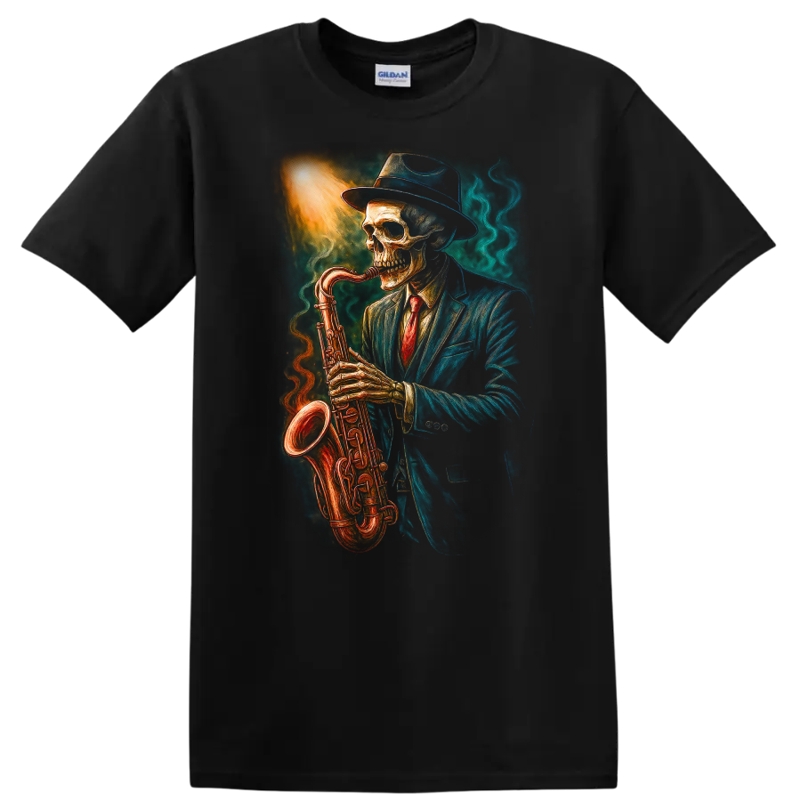 Vintage gothic skeleton in a suit and hat playing a glowing saxophone on a Black T Shirt