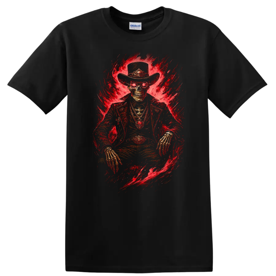 Skeleton cowboy in a wide-brim hat with fiery red gothic horror artwork on a Black T Shirt