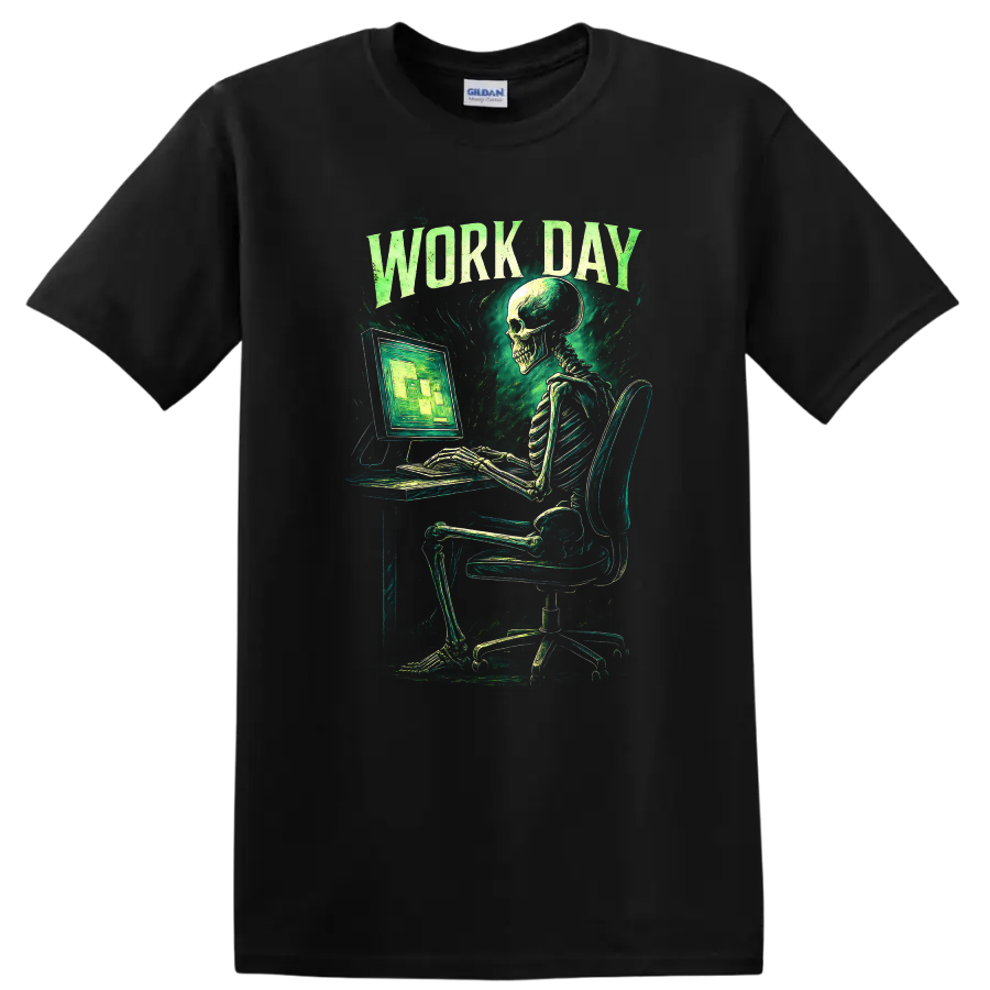 Work Day skeleton at computer in distressed vintage gothic green graphic on a Black T Shirt