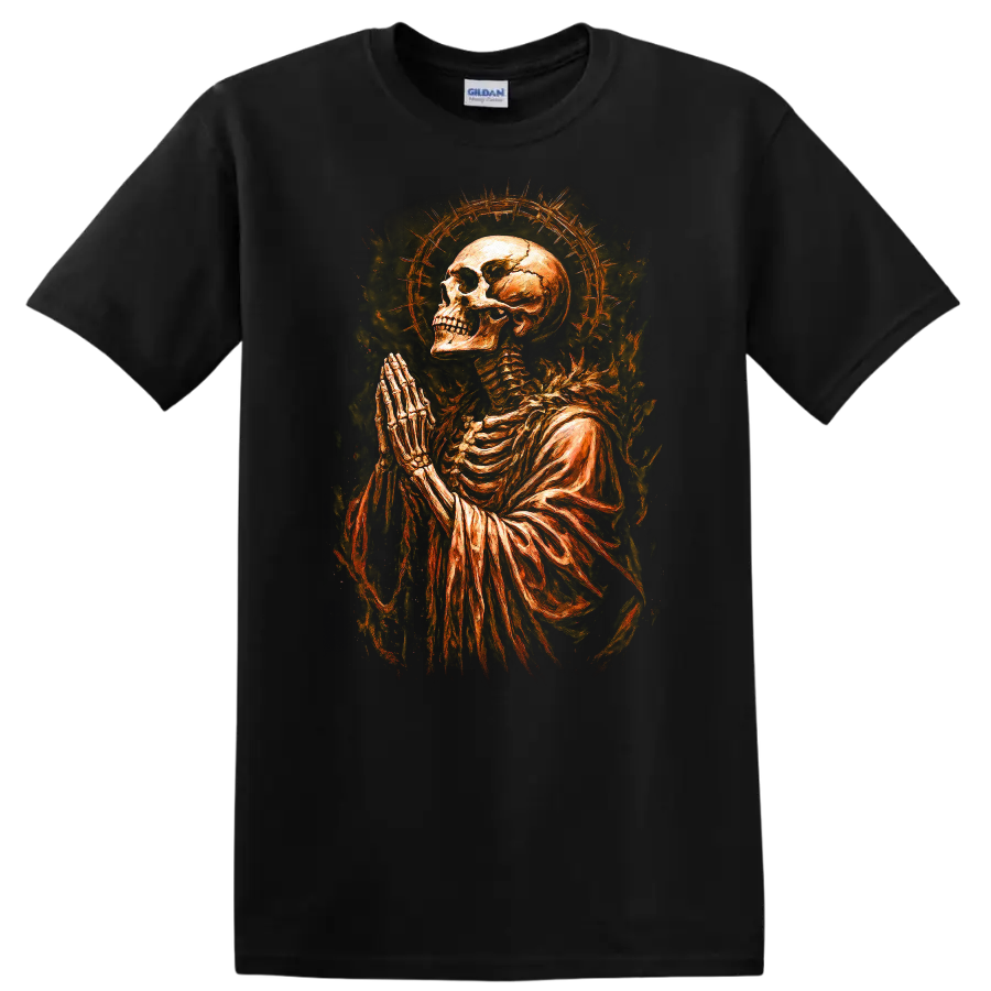 Praying skeleton skull with fiery halo in vintage gothic dark-art style on a Black T Shirt