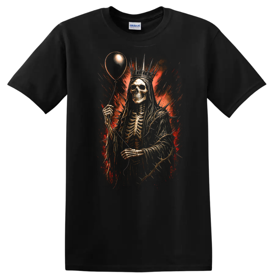 Crowned skeleton holding a balloon in distressed red and black gothic horror art on a Black T Shirt