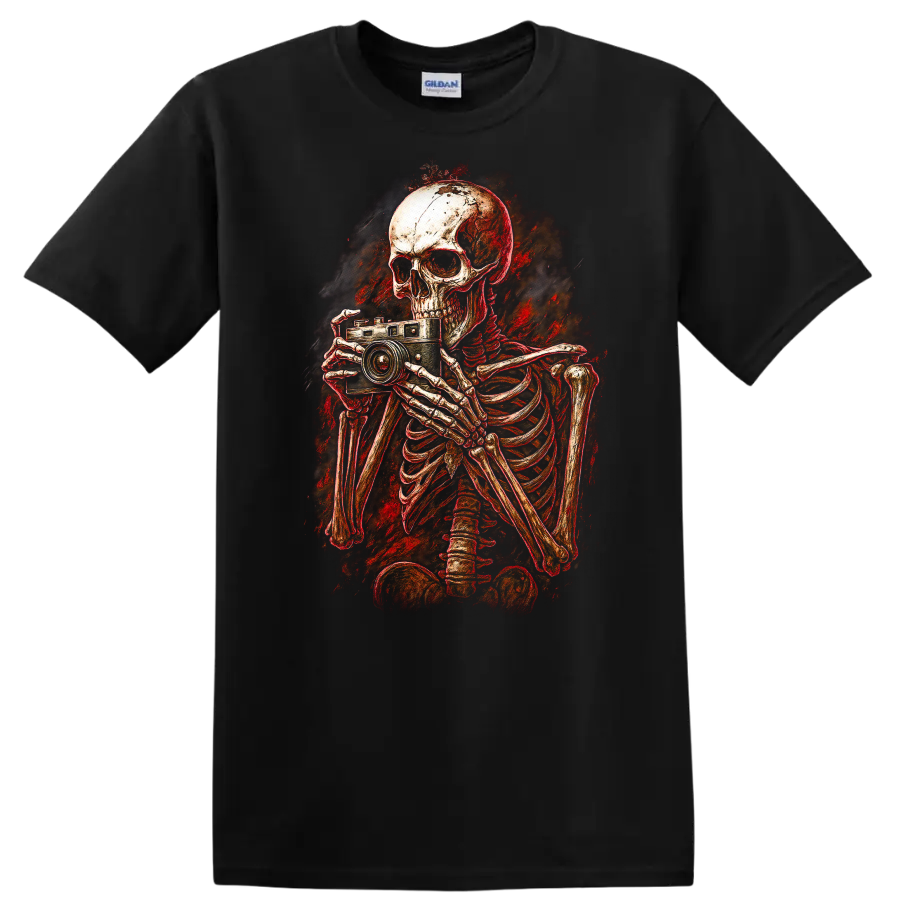Distressed gothic skeleton photographer holding a vintage camera horror art graphic on a Black T Shirt