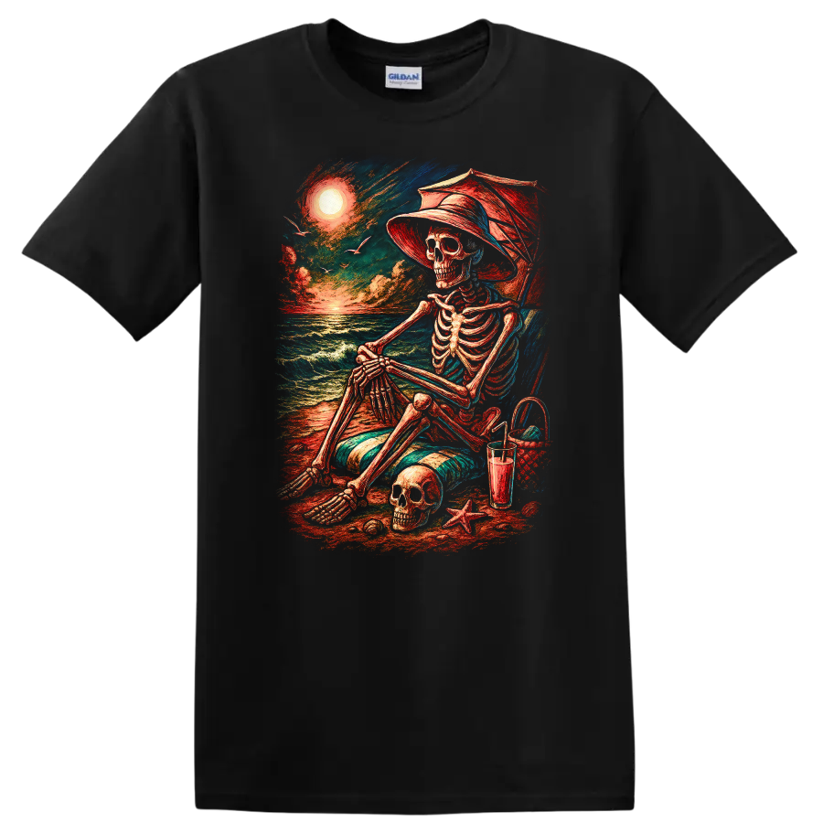 Vintage-style skeleton in beach chair with skull, ocean waves, hat, and sunset on a Black T Shirt