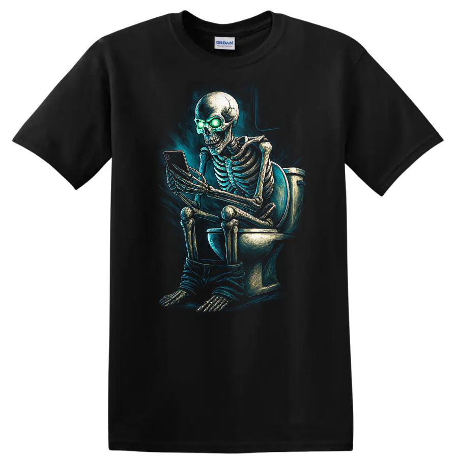 Vintage gothic skeleton on toilet using phone with glowing green eyes on a Black T Shirt