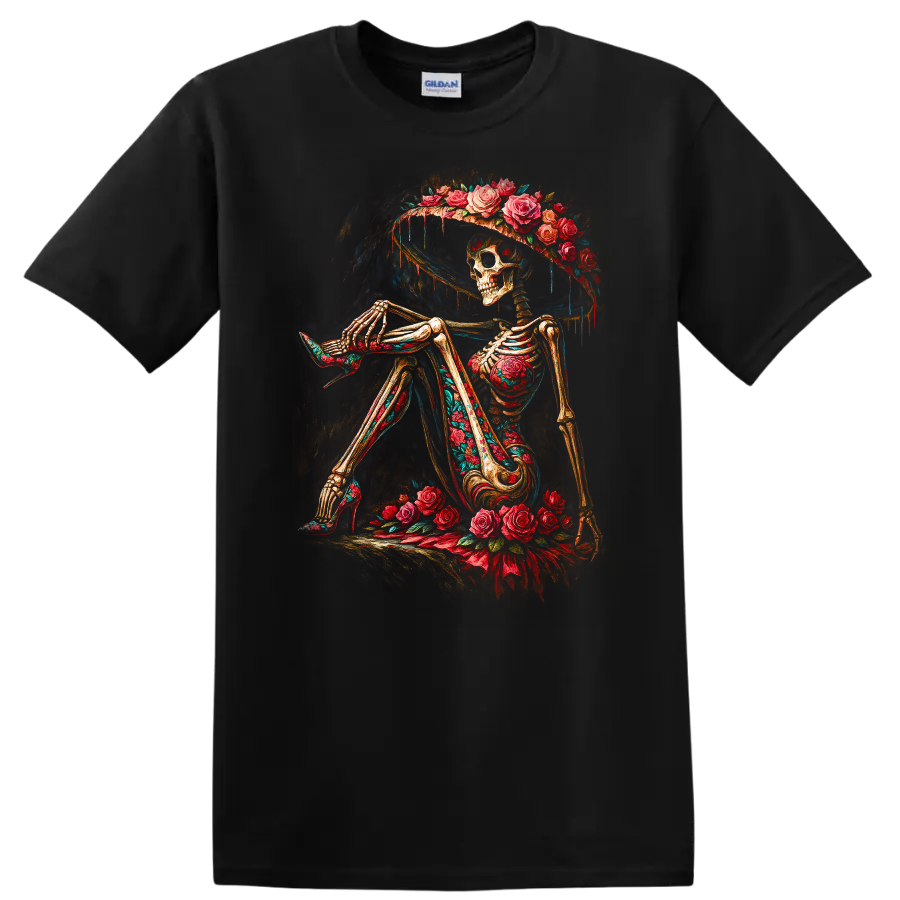 Vintage gothic skeleton in a wide-brim hat surrounded by red roses on a Black T Shirt