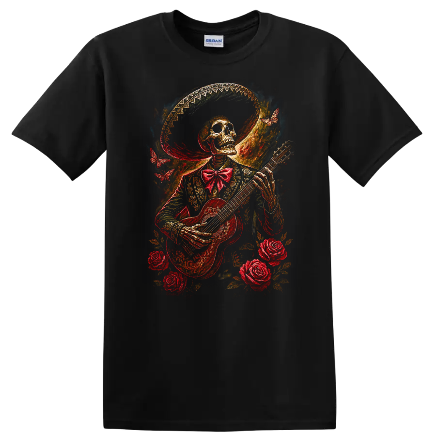 Vintage gothic skeleton guitarist with roses, butterflies, and ornate wide-brimmed hat on a Black T Shirt