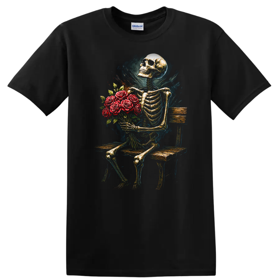 Vintage gothic skeleton holding a bouquet of red roses while seated on a wooden bench on a Black T Shirt