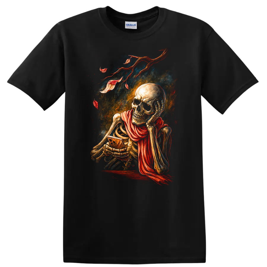 Vintage gothic skeleton skull illustration with flowing red scarf and distressed ribbons on a Black T Shirt
