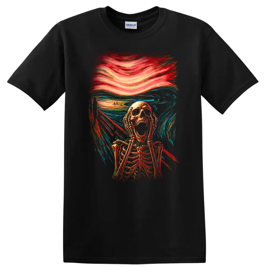 Screaming skeleton in vintage gothic horror art with swirling red and blue brushwork on a Black T Shirt