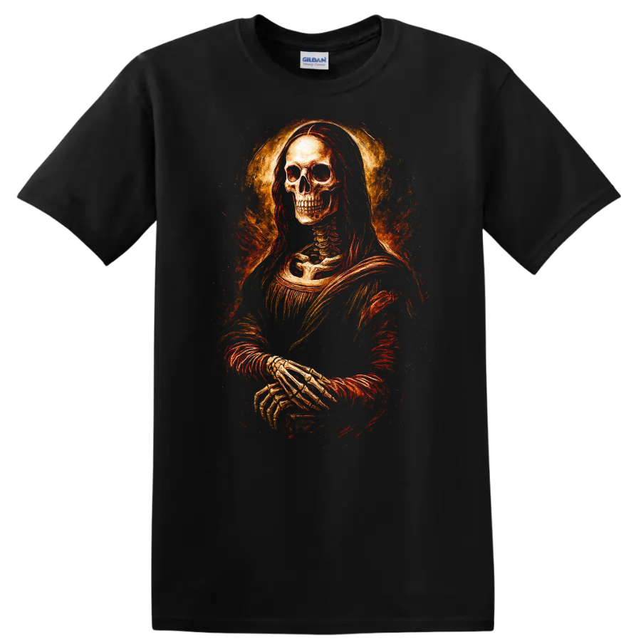 Vintage gothic skeleton portrait with crossed hands and fiery distressed halo on a Black T Shirt