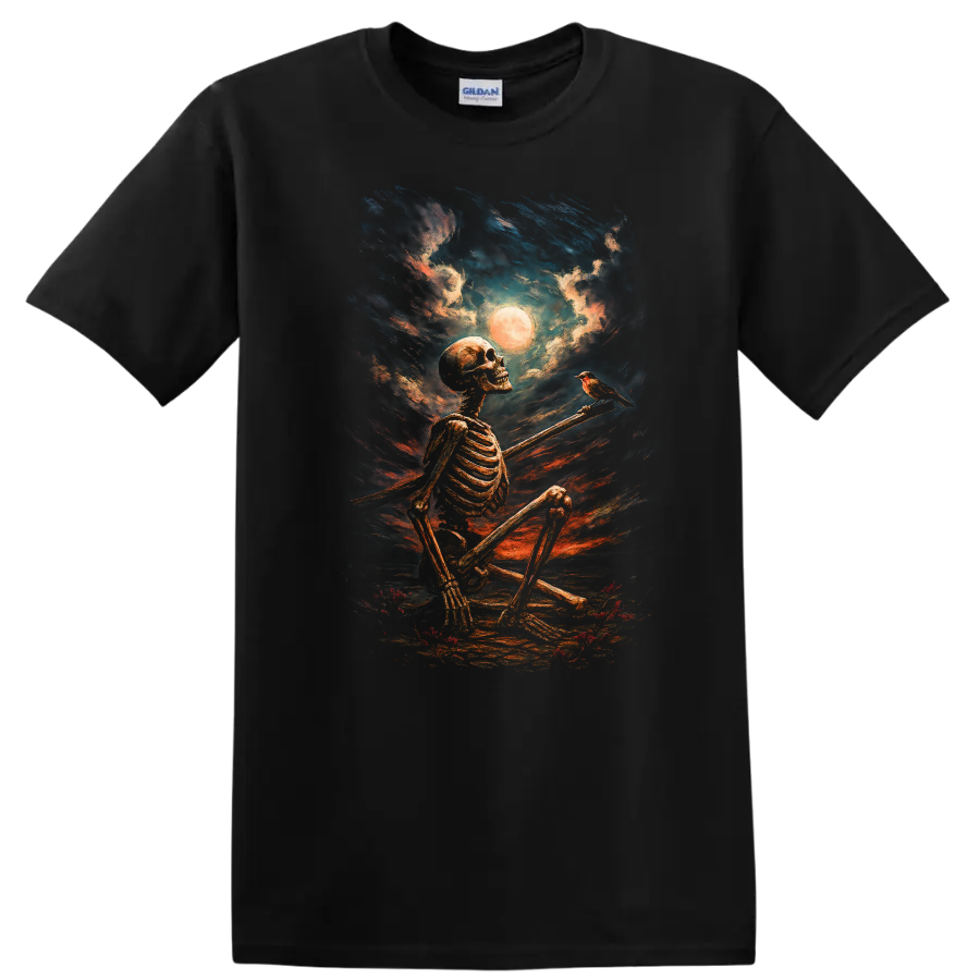 Vintage gothic painting of seated skeleton, bird, full moon, and dramatic night sky on a Black T Shirt