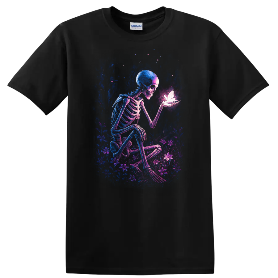 Gothic skeleton holding a glowing butterfly amid neon wildflowers on a Black T Shirt