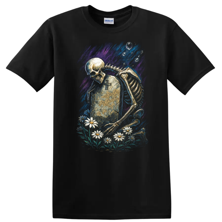 Skeleton mourning beside a cross tombstone and daisies in vintage gothic artwork on a Black T Shirt