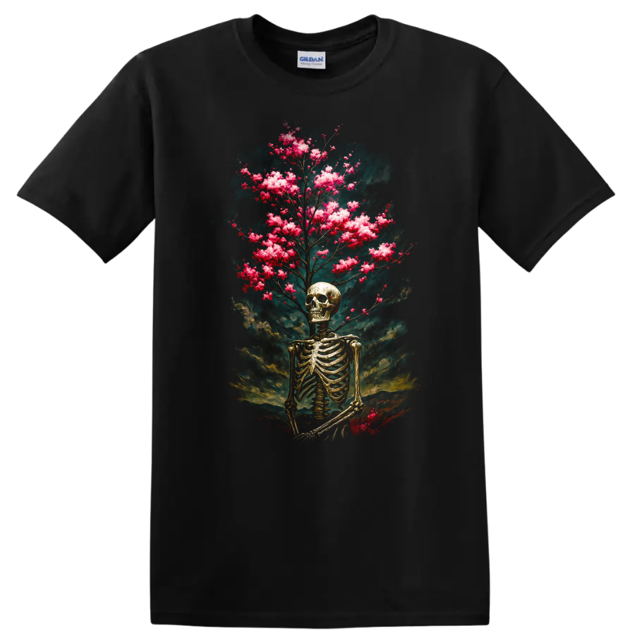 Vintage gothic skeleton skull with pink blooming branches and smoky teal backdrop on a Black T Shirt