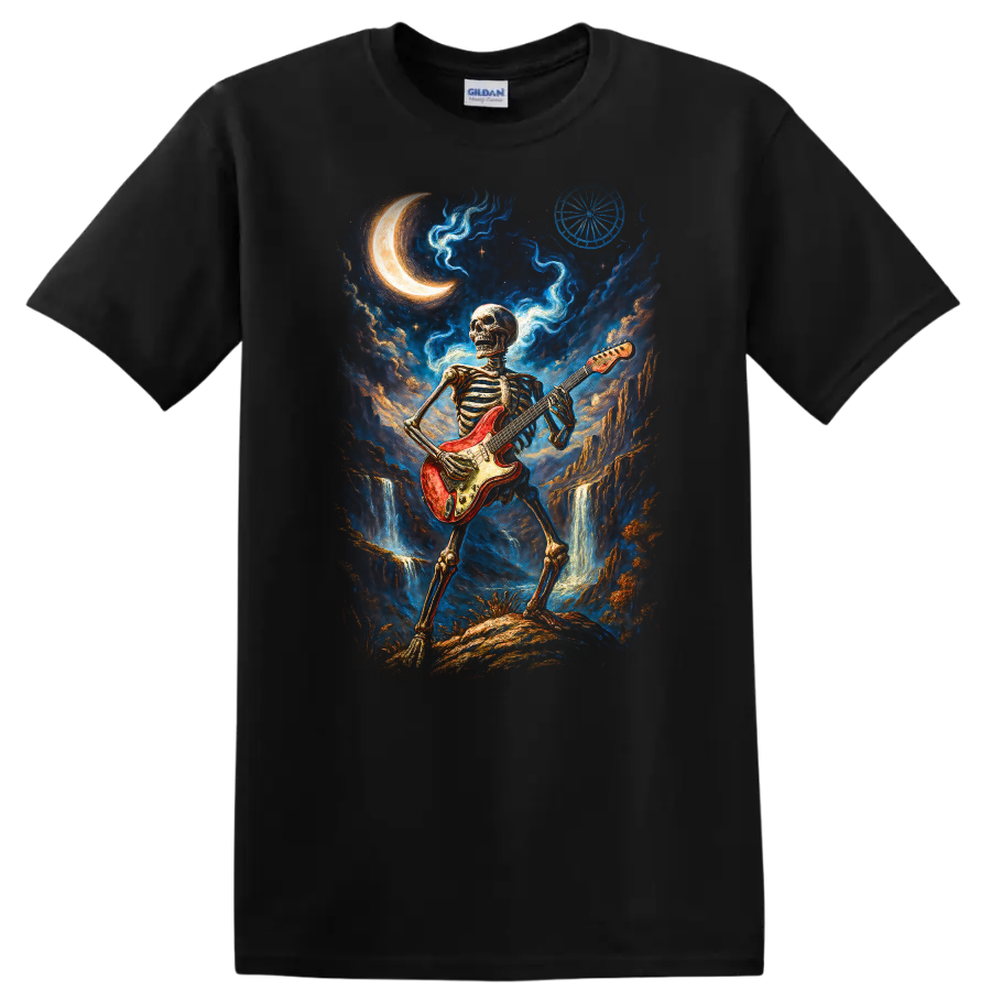 Skeleton guitarist with red electric guitar in moonlit gothic fantasy art on a Black T Shirt