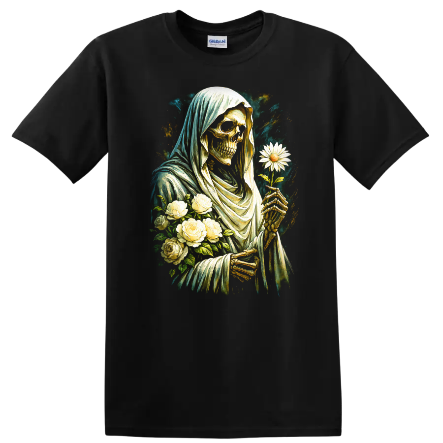 Vintage gothic hooded skeleton holding a white daisy with roses on a Black T Shirt