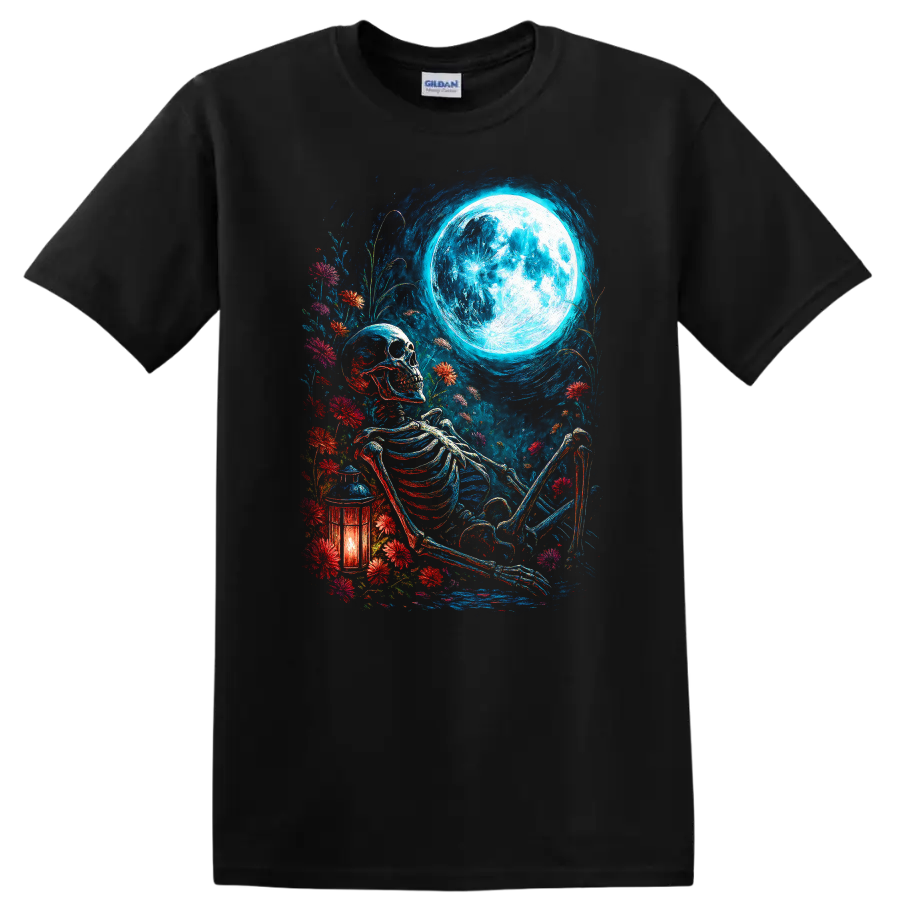 Vintage gothic skeleton resting among wildflowers beneath a full moon with lantern on a Black T Shirt