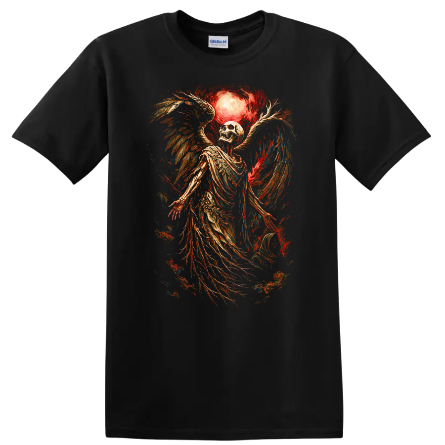 Vintage winged skeleton skull beneath a glowing moon in distressed gothic art on a Black T Shirt