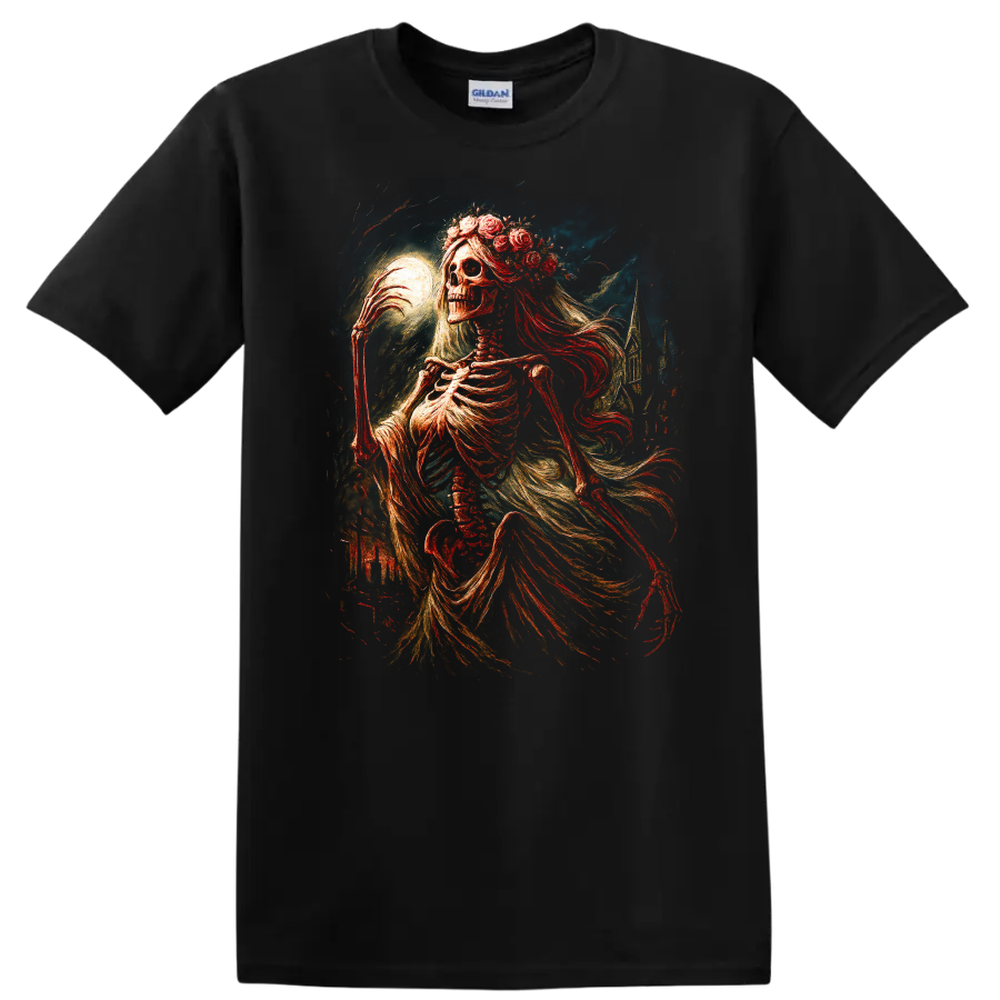 Moonlit floral skeleton in ornate vintage gothic art with flowing drapery on a Black T Shirt