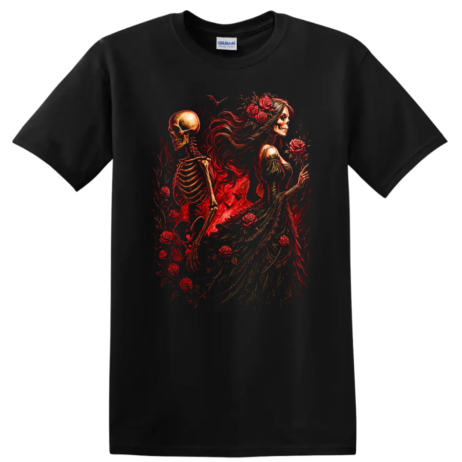 Vintage gothic skeletal woman and skeleton surrounded by red roses on a Black T Shirt