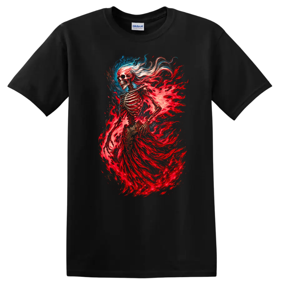 Flaming skeleton spirit with red spectral energy in detailed gothic fantasy art on a Black T Shirt