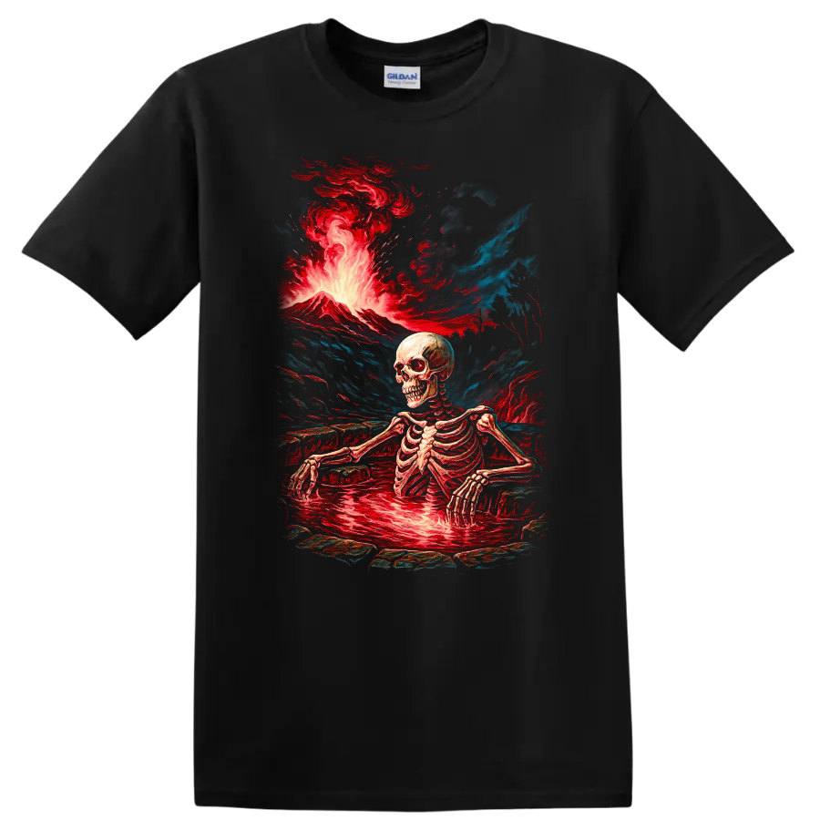 Vintage gothic skeleton standing in a lava pool beneath an erupting volcano on a Black T Shirt