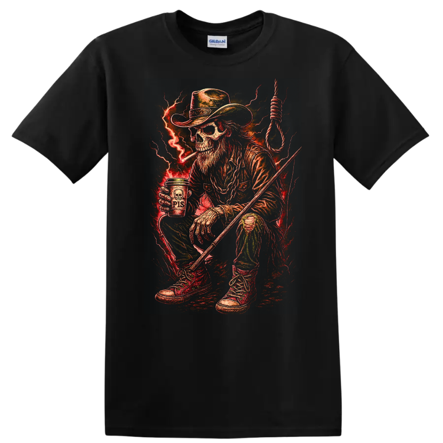 Vintage Gothic skeleton cowboy with red lightning, noose, boots, and rugged Western art on a Black T Shirt