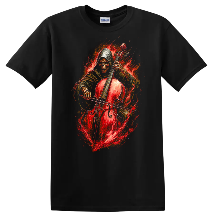 Hooded skeleton cellist with a red cello surrounded by fiery gothic artwork on a Black T Shirt