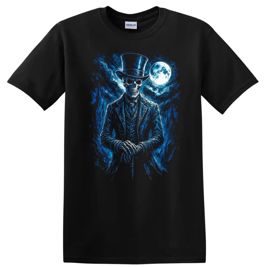 Moonlit gothic skeleton in top hat with blue spectral art and full moon on a Black T Shirt