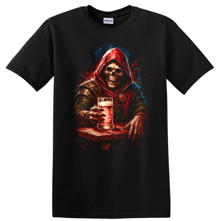 Hooded skeleton holding a beer mug in distressed red and blue gothic art on a Black T Shirt