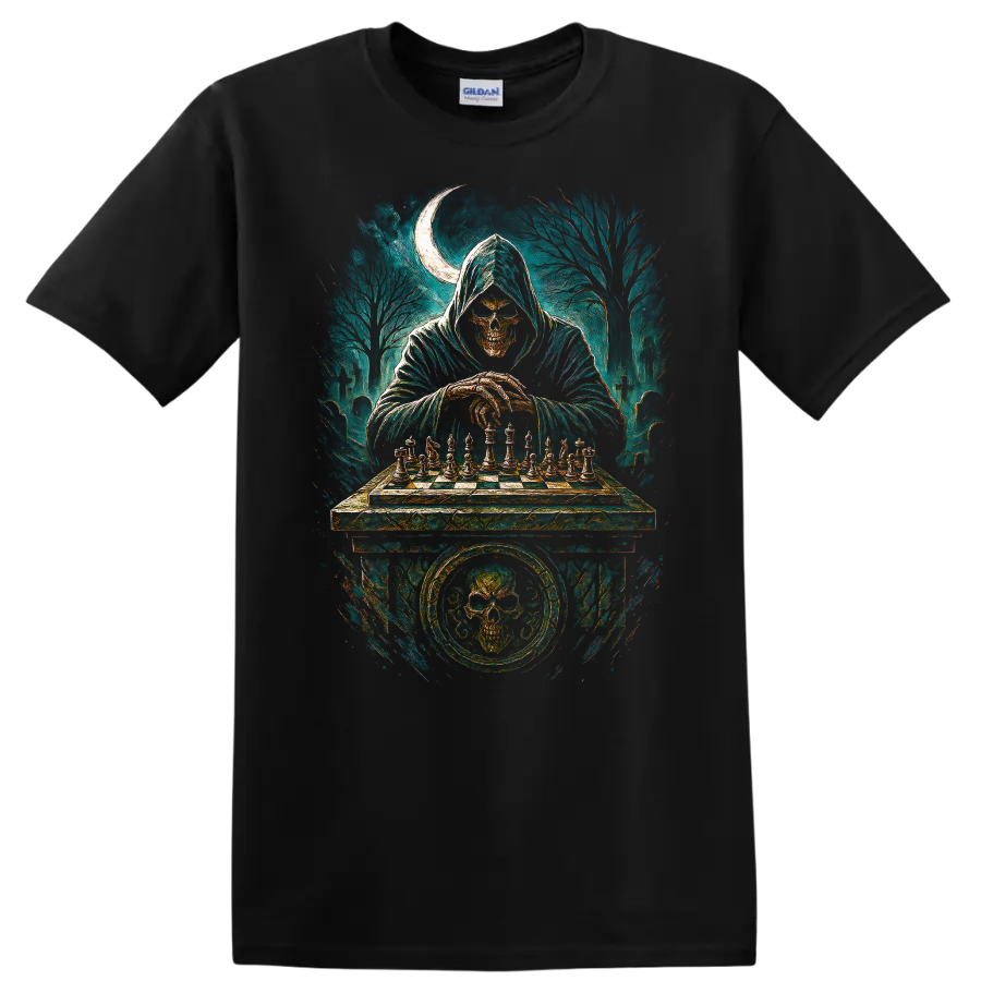 Hooded skull playing chess in a moonlit graveyard gothic illustration on a Black T Shirt