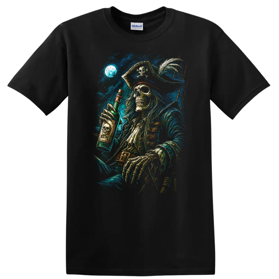 Moonlit skeletal pirate holding a rum bottle in detailed vintage gothic sea art on a Black T Shirt
