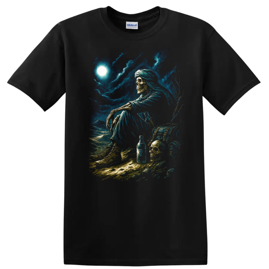 Moonlit skeleton wanderer with skulls, chest, and stormy gothic nightscape on a Black T Shirt