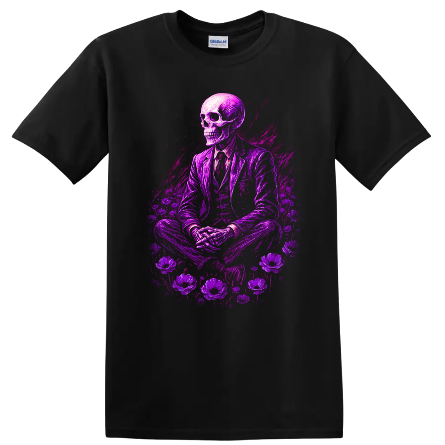 Purple skeleton in suit surrounded by flowers in vintage gothic illustration on a Black T Shirt