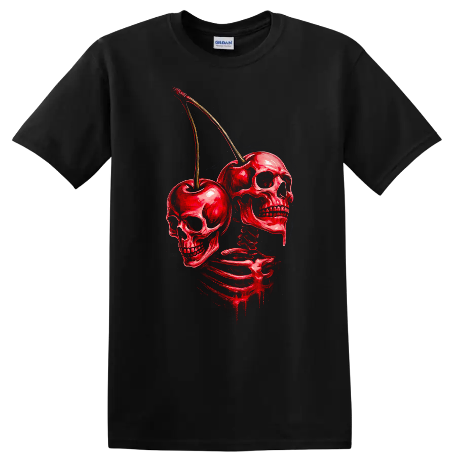Red skeleton with skulls and cherries in a distressed vintage gothic illustration on a Black T Shirt
