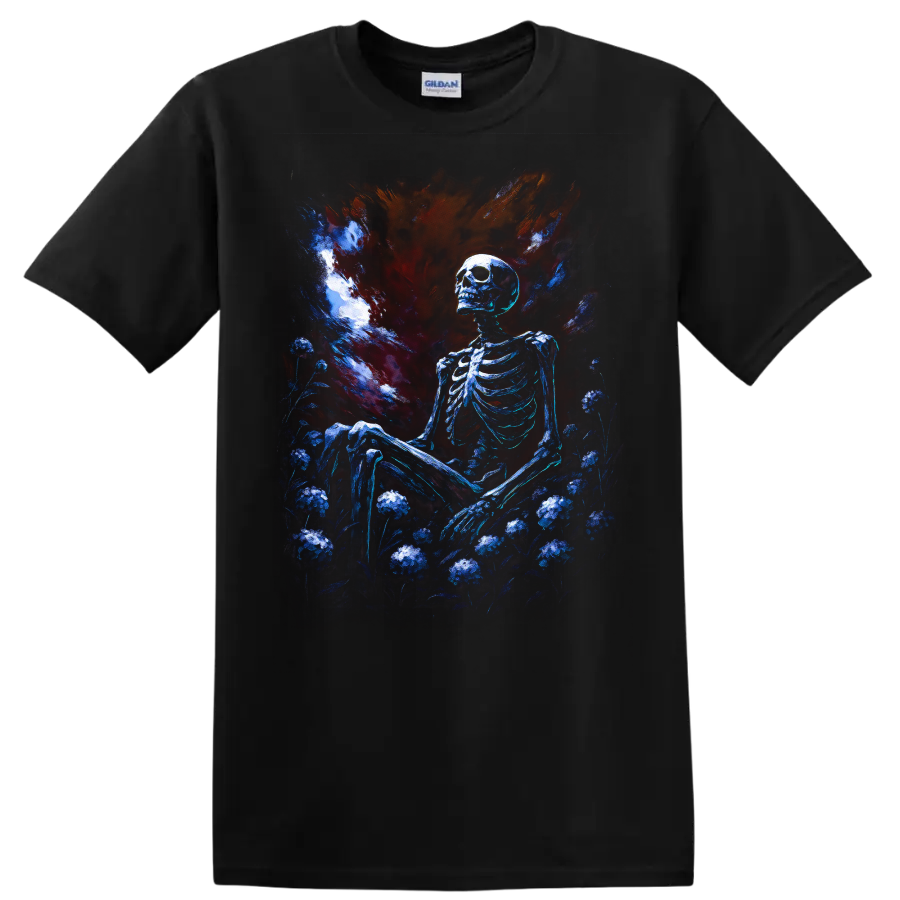 Blue skeleton seated in a dark floral garden beneath a dramatic gothic painted sky on a Black T Shirt