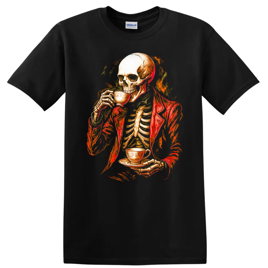 Vintage gothic skeleton in a red jacket drinking tea with a fiery dark backdrop on a Black T Shirt
