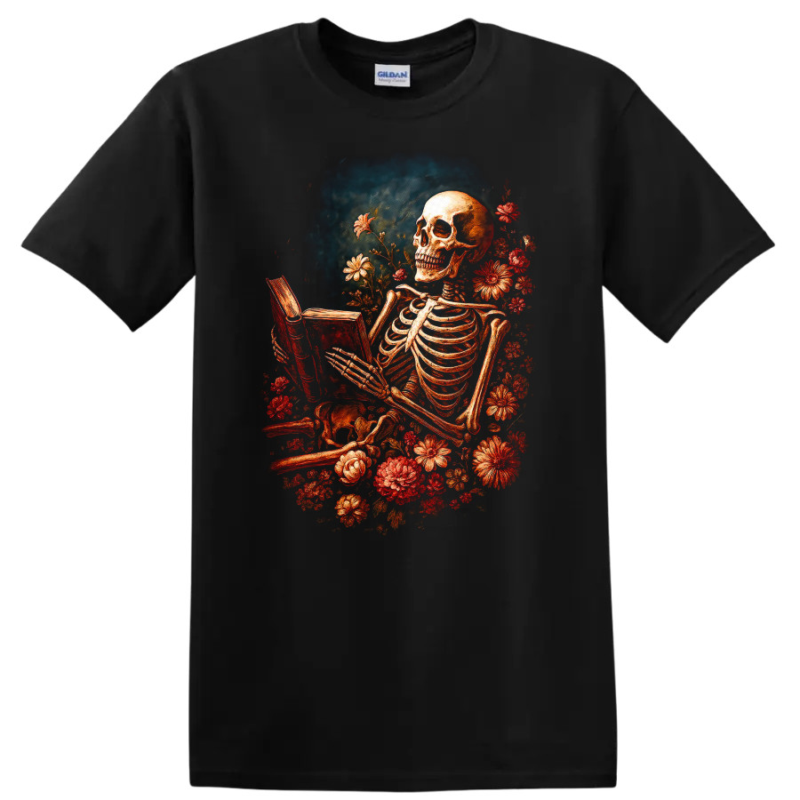 Vintage gothic skeleton reading a book surrounded by red flowers on a Black T Shirt
