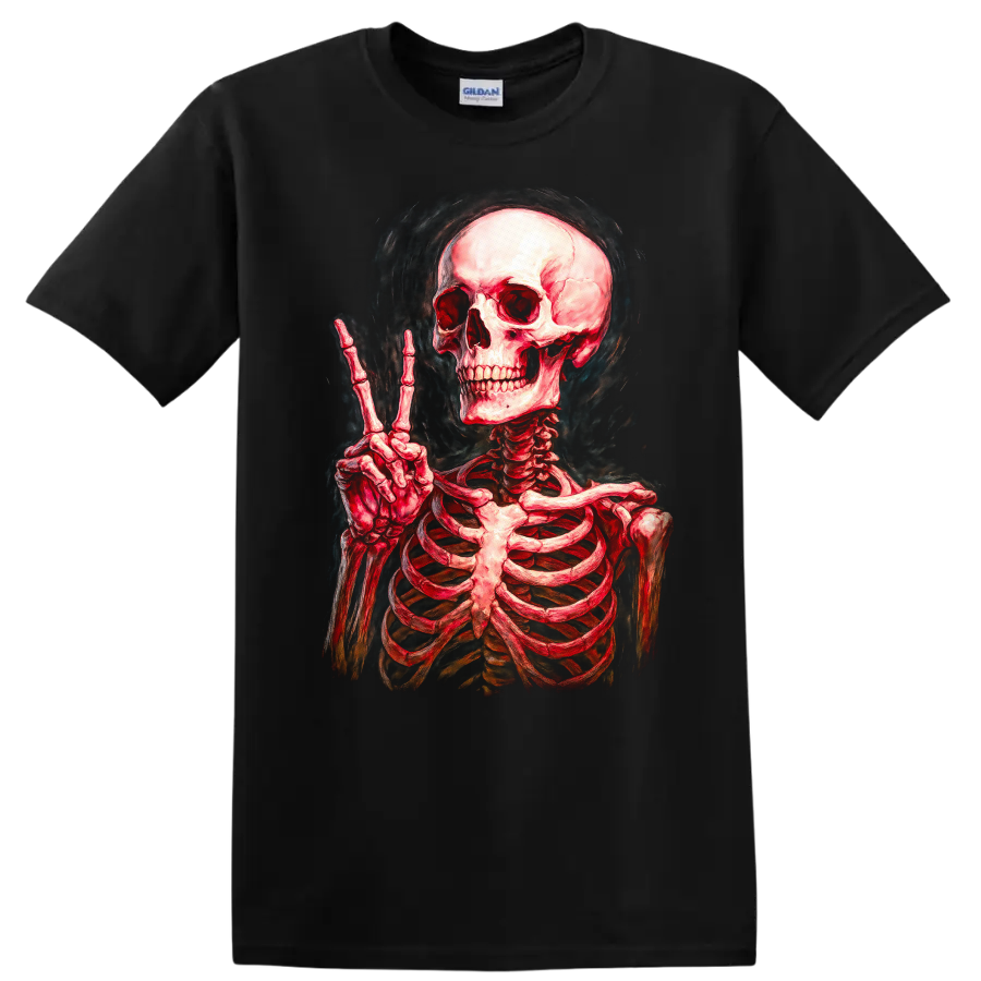 Vintage red skeleton skull making a peace sign in smoky gothic illustration style on a Black T Shirt