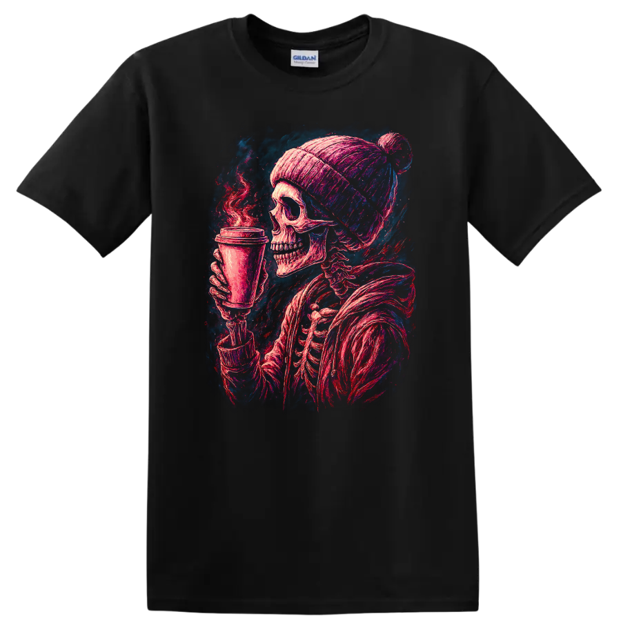 Vintage gothic skeleton in a beanie holding a steaming coffee cup on a Black T Shirt