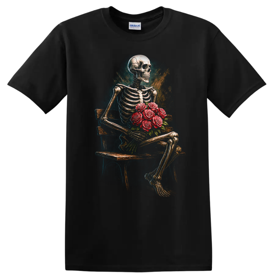 Vintage gothic skeleton holding red roses on a bench in distressed floral art on a Black T Shirt