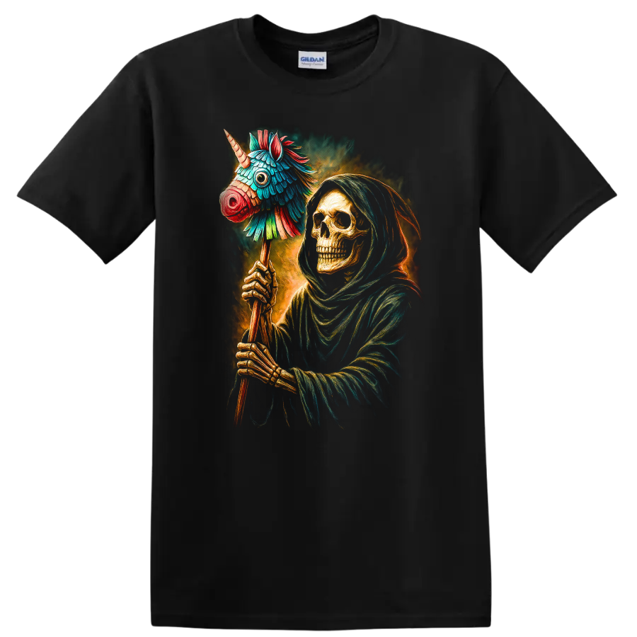 Hooded skeleton holding a colorful unicorn piñata in a vivid gothic illustration on a Black T Shirt