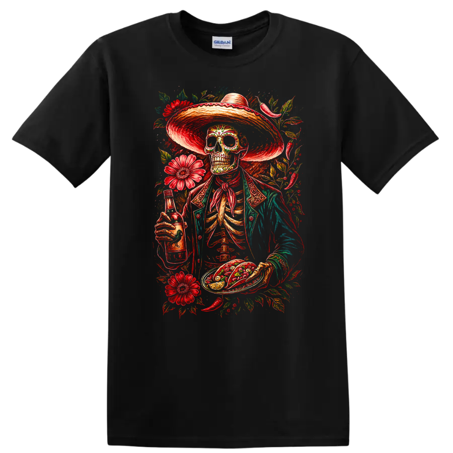 Vintage gothic skeleton in sombrero with tacos, bottle, and red flowers on a Black T Shirt